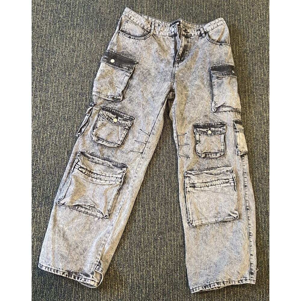 Y2K Wide Leg Cargo Jeans Multi Pocket Baggy Raver Skater Streetwear Denim 16